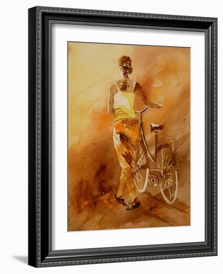 Walking Aside Her Bike Watercolor-Pol Ledent-Framed Art Print