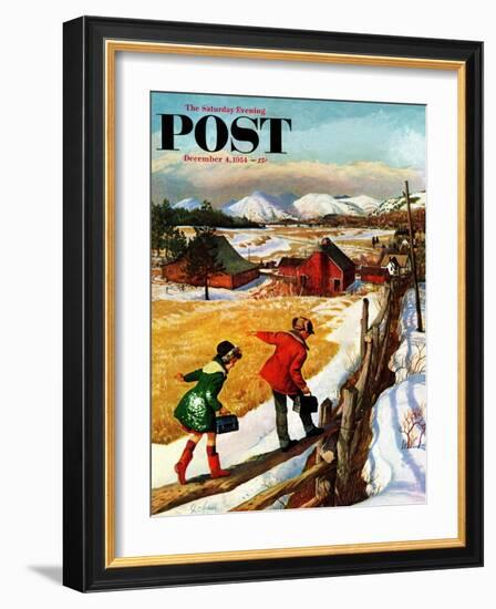 "Walking on the Fence" Saturday Evening Post Cover, December 4, 1954-John Clymer-Framed Giclee Print