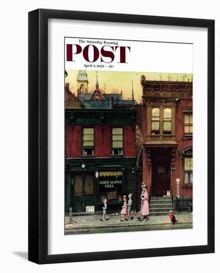 "Walking to Church" Saturday Evening Post Cover, April 4,1953-Norman Rockwell-Framed Giclee Print