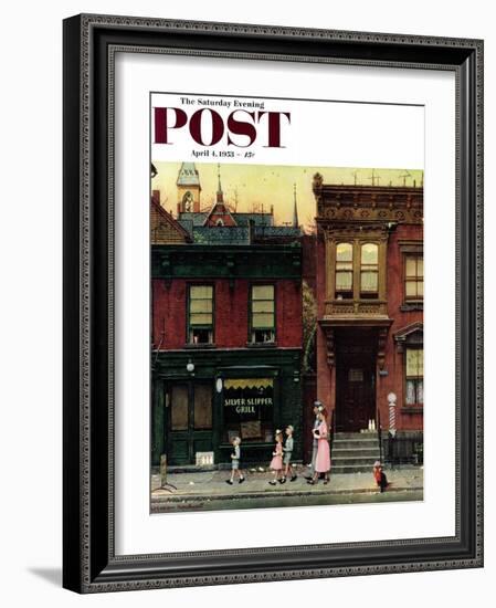 "Walking to Church" Saturday Evening Post Cover, April 4,1953-Norman Rockwell-Framed Giclee Print