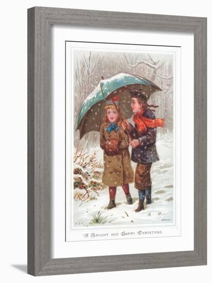 Walking under Umbrella in Snow Storm, Christmas Card-null-Framed Giclee Print