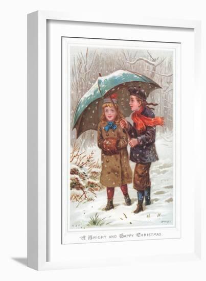 Walking under Umbrella in Snow Storm, Christmas Card-null-Framed Giclee Print