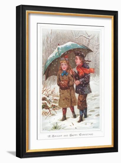 Walking under Umbrella in Snow Storm, Christmas Card-null-Framed Giclee Print