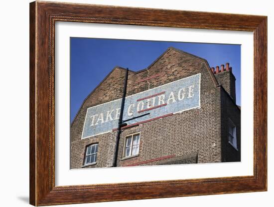 Wall Mural Inscribed with 'Take Courage' Slogan on an End of Terrace Brick House Built around 1807-Julian Castle-Framed Photo