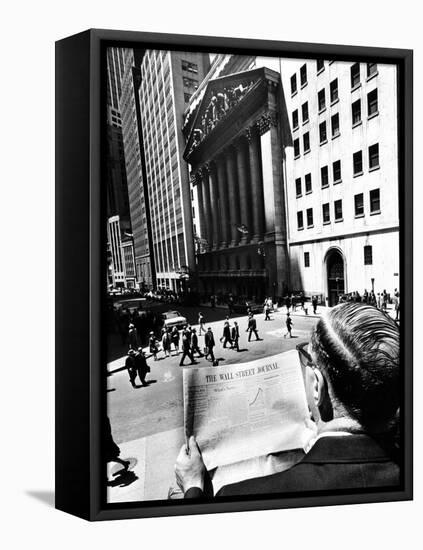 Wall Street Journal Reader across the Street from the New York Stock Exchange Building-null-Framed Stretched Canvas