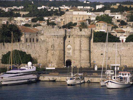 Walls Of Old Town From Harbour Rhodes Dodecanese Islands Greece