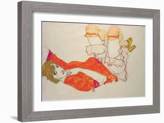 Wally in a Red Blouse with Knees Lifted Up, 1913-Egon Schiele-Framed Giclee Print