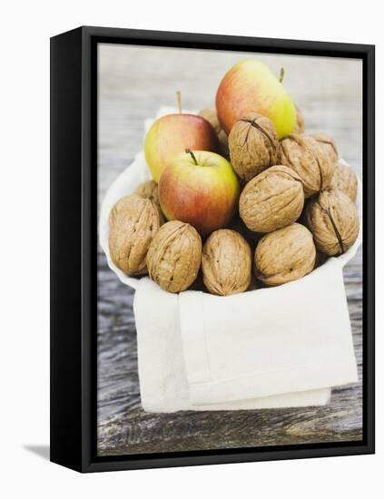 Walnuts and Apples on Cloth in White Bowl-null-Framed Premier Image Canvas