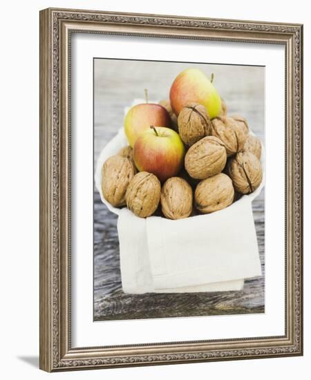 Walnuts and Apples on Cloth in White Bowl-null-Framed Photographic Print