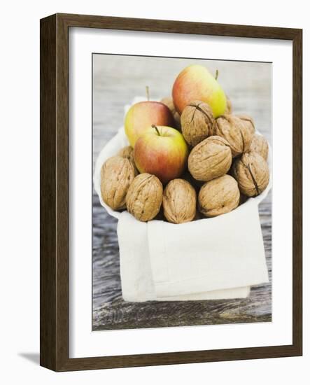 Walnuts and Apples on Cloth in White Bowl-null-Framed Photographic Print