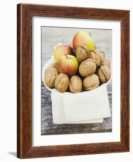 Walnuts and Apples on Cloth in White Bowl-null-Framed Photographic Print