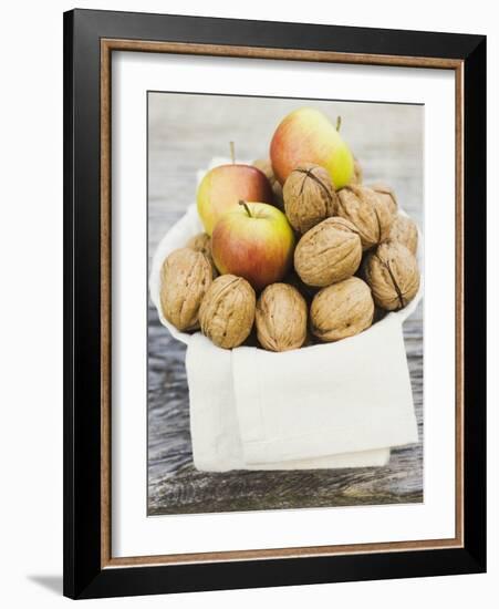 Walnuts and Apples on Cloth in White Bowl-null-Framed Photographic Print