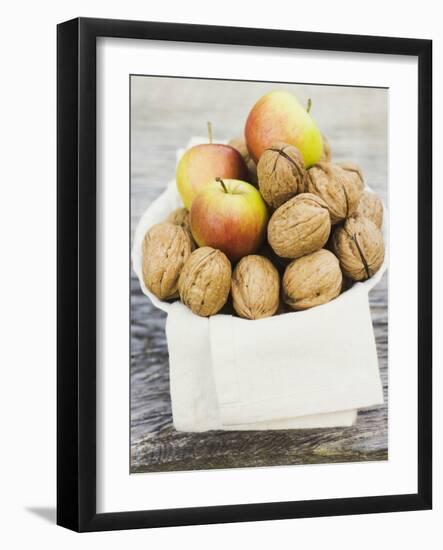 Walnuts and Apples on Cloth in White Bowl-null-Framed Photographic Print