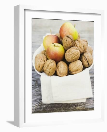 Walnuts and Apples on Cloth in White Bowl-null-Framed Photographic Print