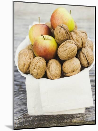 Walnuts and Apples on Cloth in White Bowl-null-Mounted Photographic Print