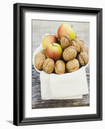 Walnuts and Apples on Cloth in White Bowl-null-Framed Photographic Print