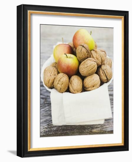 Walnuts and Apples on Cloth in White Bowl-null-Framed Photographic Print