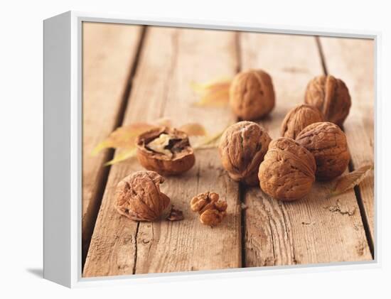 Walnuts on a Wooden Background-Matthias Hoffmann-Framed Premier Image Canvas