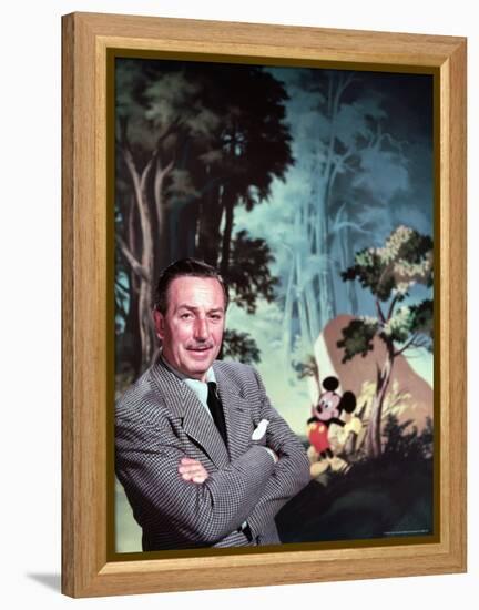 Walt Disney Posing Against Landscape Backdrop Containing Mickey Mouse-Alfred Eisenstaedt-Framed Premier Image Canvas