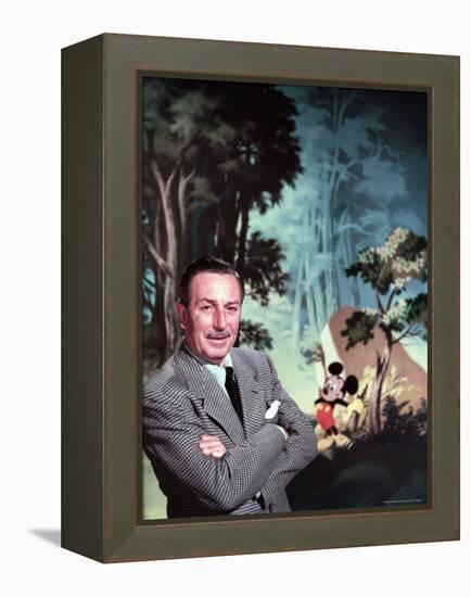 Walt Disney Posing Against Landscape Backdrop Containing Mickey Mouse-Alfred Eisenstaedt-Framed Premier Image Canvas