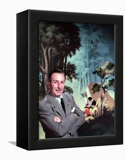 Walt Disney Posing Against Landscape Backdrop Containing Mickey Mouse-Alfred Eisenstaedt-Framed Premier Image Canvas