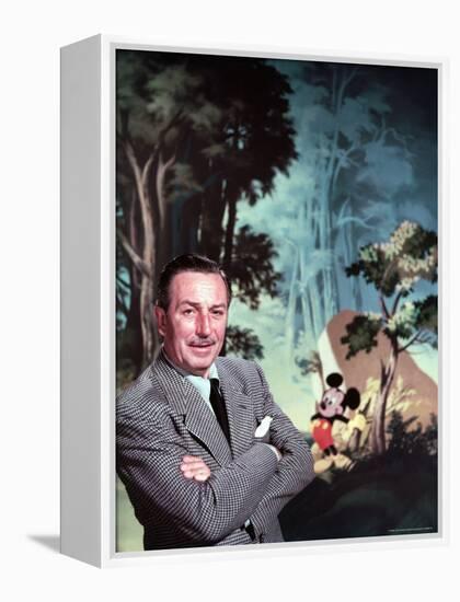 Walt Disney Posing Against Landscape Backdrop Containing Mickey Mouse-Alfred Eisenstaedt-Framed Premier Image Canvas