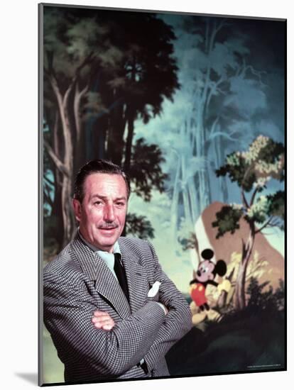Walt Disney Posing Against Landscape Backdrop Containing Mickey Mouse-Alfred Eisenstaedt-Mounted Premium Photographic Print