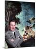 Walt Disney Posing Against Landscape Backdrop Containing Mickey Mouse-Alfred Eisenstaedt-Mounted Premium Photographic Print