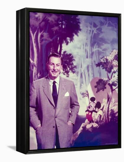 Walt Disney Posing Against Landscape Backdrop Containing Mickey Mouse-Alfred Eisenstaedt-Framed Premier Image Canvas