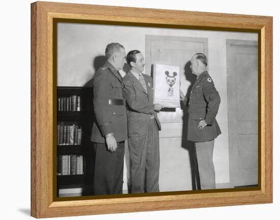 Walt Disney Showing a Sketch of Mickey Mouse Gas Mask to Chemical Warfare Officer-null-Framed Stretched Canvas