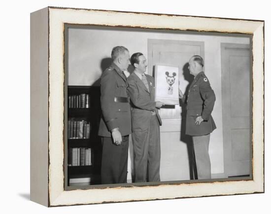 Walt Disney Showing a Sketch of Mickey Mouse Gas Mask to Chemical Warfare Officer-null-Framed Stretched Canvas