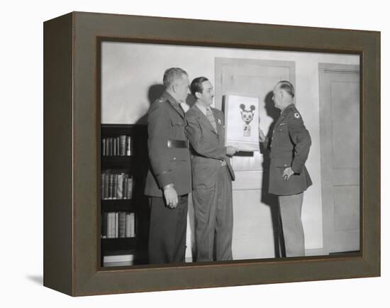 Walt Disney Showing a Sketch of Mickey Mouse Gas Mask to Chemical Warfare Officer-null-Framed Stretched Canvas