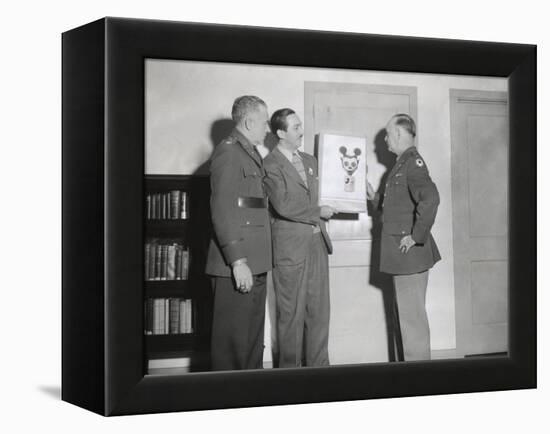 Walt Disney Showing a Sketch of Mickey Mouse Gas Mask to Chemical Warfare Officer-null-Framed Stretched Canvas