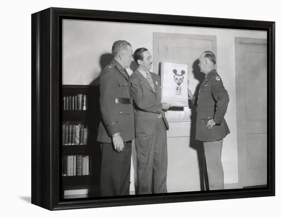 Walt Disney Showing a Sketch of Mickey Mouse Gas Mask to Chemical Warfare Officer-null-Framed Stretched Canvas