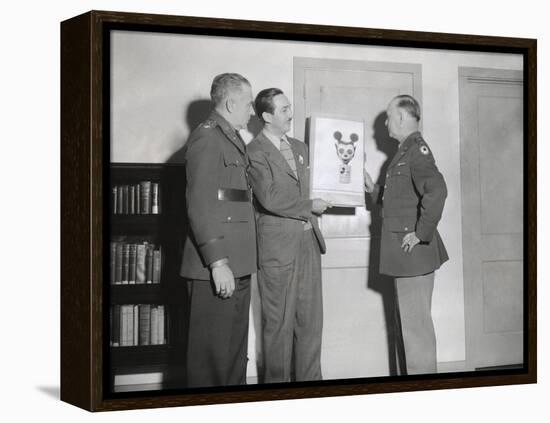 Walt Disney Showing a Sketch of Mickey Mouse Gas Mask to Chemical Warfare Officer-null-Framed Stretched Canvas