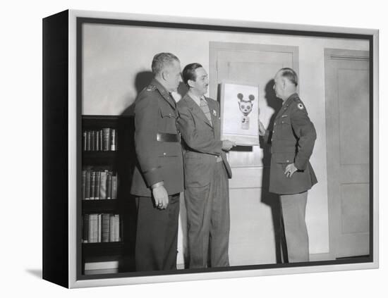 Walt Disney Showing a Sketch of Mickey Mouse Gas Mask to Chemical Warfare Officer-null-Framed Stretched Canvas