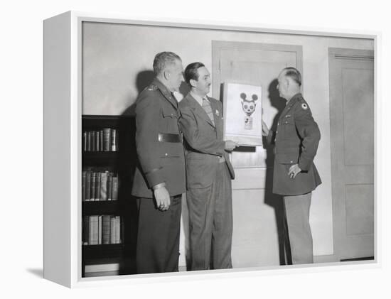 Walt Disney Showing a Sketch of Mickey Mouse Gas Mask to Chemical Warfare Officer-null-Framed Stretched Canvas