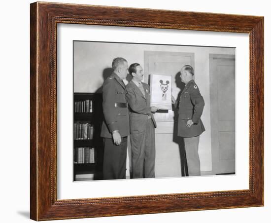 Walt Disney Showing a Sketch of Mickey Mouse Gas Mask to Chemical Warfare Officer-null-Framed Photo