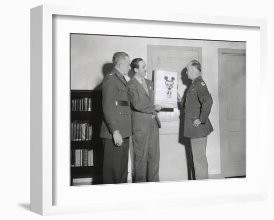 Walt Disney Showing a Sketch of Mickey Mouse Gas Mask to Chemical Warfare Officer-null-Framed Photo