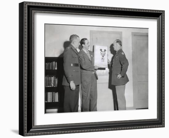 Walt Disney Showing a Sketch of Mickey Mouse Gas Mask to Chemical Warfare Officer-null-Framed Photo