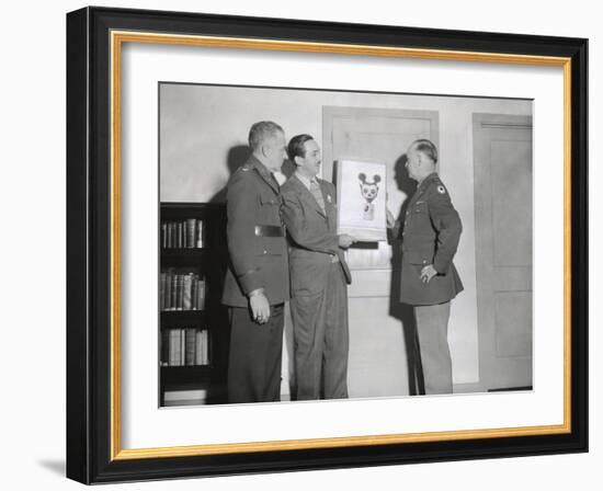 Walt Disney Showing a Sketch of Mickey Mouse Gas Mask to Chemical Warfare Officer-null-Framed Photo