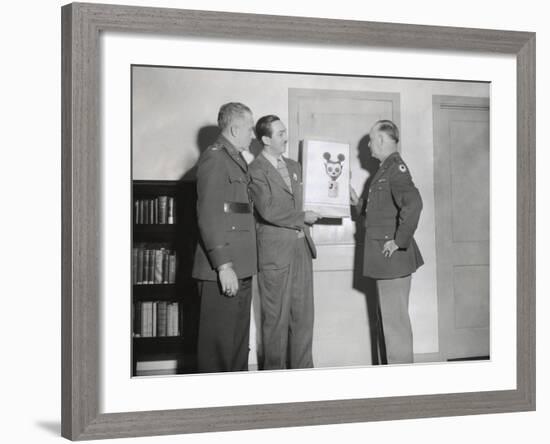 Walt Disney Showing a Sketch of Mickey Mouse Gas Mask to Chemical Warfare Officer-null-Framed Photo