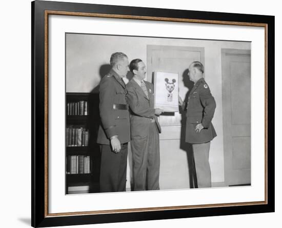 Walt Disney Showing a Sketch of Mickey Mouse Gas Mask to Chemical Warfare Officer-null-Framed Photo