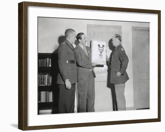 Walt Disney Showing a Sketch of Mickey Mouse Gas Mask to Chemical Warfare Officer-null-Framed Photo