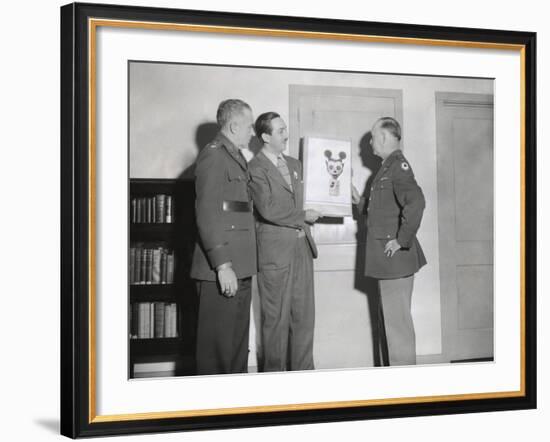 Walt Disney Showing a Sketch of Mickey Mouse Gas Mask to Chemical Warfare Officer-null-Framed Photo