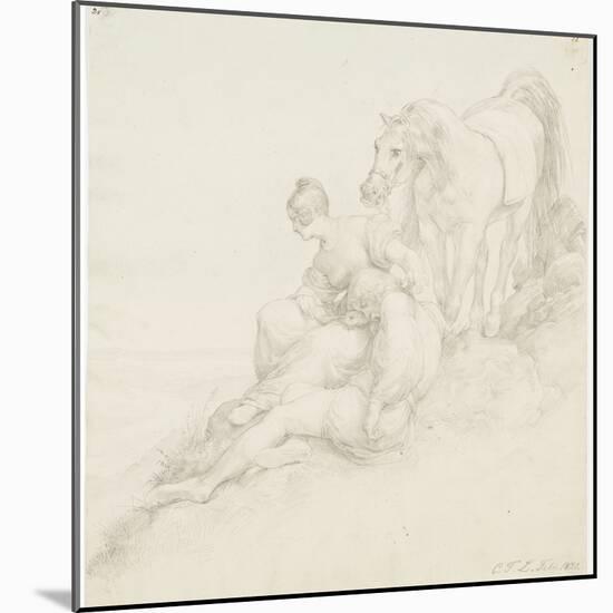 Walter and Hildegunde Resting on the Flight, 1831 (Brush & Blue Wash and Pencil on Paper)-Carl Friedrich Lessing-Mounted Giclee Print