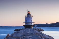 USA, Maine, York Beach, Nubble Light Lighthouse with Christmas decorations, sunset-Walter Bibikw-Photographic Print
