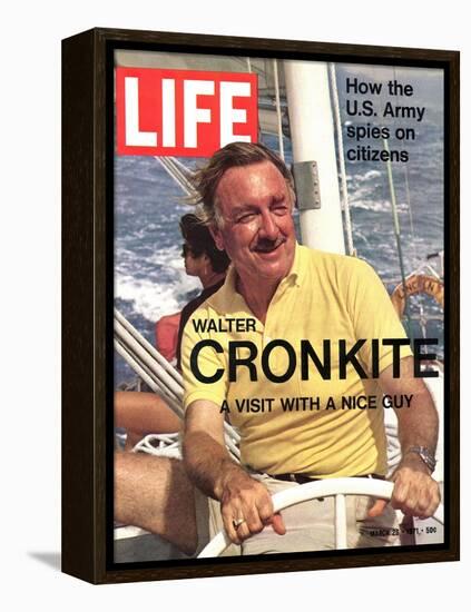 Walter Cronkite at Wheel of Boat, March 26, 1971-Leonard Mccombe-Framed Premier Image Canvas