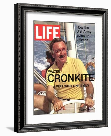 Walter Cronkite at Wheel of Boat, March 26, 1971-Leonard Mccombe-Framed Photographic Print
