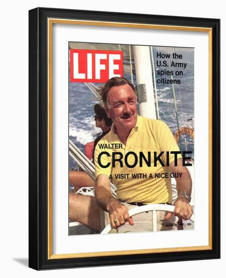 Walter Cronkite at Wheel of Boat, March 26, 1971-Leonard Mccombe-Framed Photographic Print